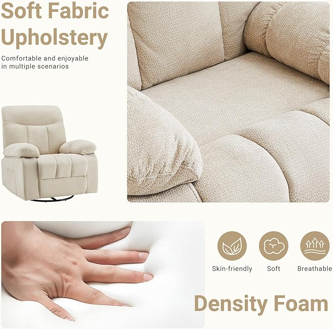 Rocker Swivel Recliner Chair for Adults Single Reclining Sofa Chair with Heated and Full Body Massage Lounge Recliner Glider for Small Living Room Bedroom Beige