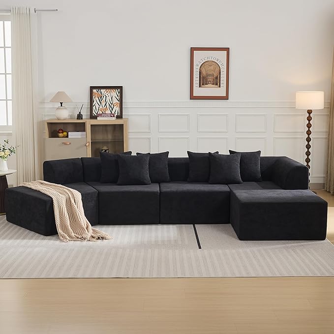140''Oversized Cloud Velvet Curved Sectional Couch Boneless Couch with L-Shape Chaise Upholstered Compression Memory Foam Modular Sectional Sofa for Living Room No Assembly Required Black