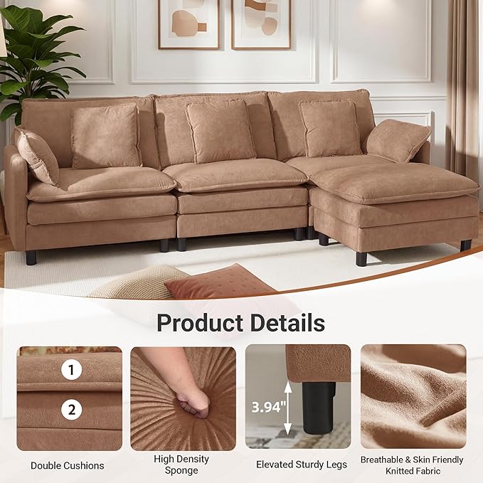 YDN 148 Couch Sofa Sectional Couches for Living Room Cloud Couch with Movable Ottoman Modular U Shaped Sofa Set Khaki
