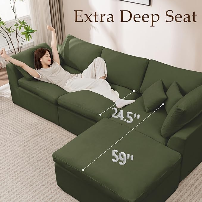 112 Cloud Sectional Couches for Living Room Modern Modular Sectional Sofa with Ottoman Boneless Cloud Couch with Comfy Deep Seats Fluffy Chenille L-Shape Sofa Couch for Living Room Green