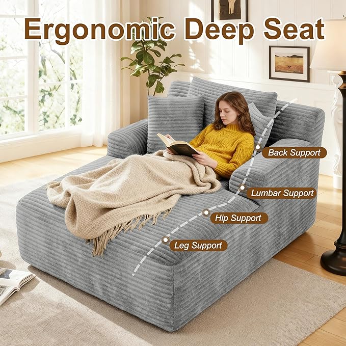 Avenix 66 Oversized Boneless Chaise Lounge Chair IndoorCorduroy Comfy Oversized Reading Chair Boneless Couch Bed ChairNo Assembly RequiredLight Grey