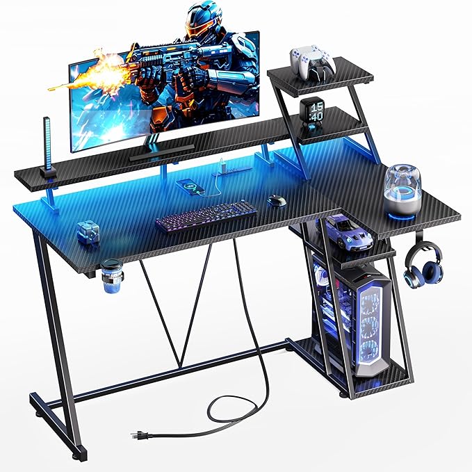 39 Inch Gaming Desk with LED Lights &amp Power Outlet Small Gaming Computer Desk with Storage Shelves L Shaped Gamer Workstations with Monitor Stand for Bedroom Carbon Fiber Black