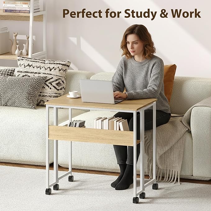 Folding Desk Small Rolling Desk with Storage Shelf24.8 Inch Foldable Computer Table with WheelsPortable Office Desk for Small Space Sofa TableEasy to FoldWriting Work Office Computer DeskOak