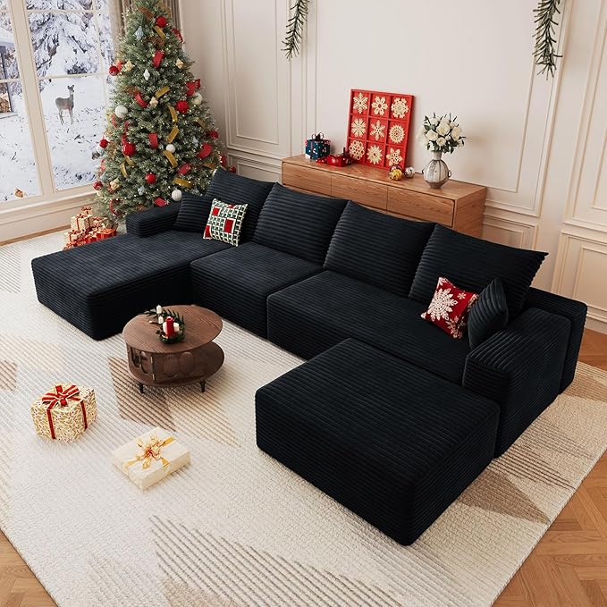 136 U Shaped Cloud Sectional Couch with Fluffy Corduroy Deep Memory Foam Seats Sofa with 1 Ottoman for Living Room No Assembly Required(BlackLeft-Facing Chaise)