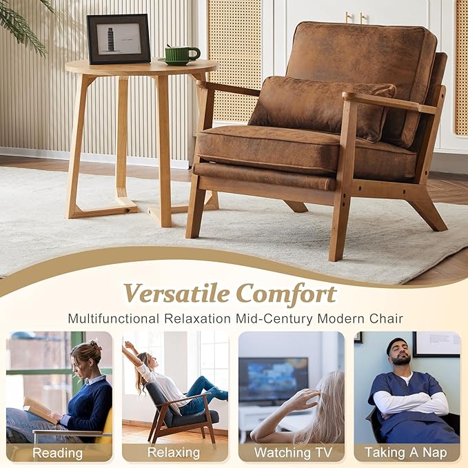 VINGLI Solid Wood Wide Armrests Accent ChairUpholstered Mid Century Modern Chair with PillowComfy Reading Chair Farmhouse Arm ChairChairs Living RoomBedroomGuest RoomSuedeRustic