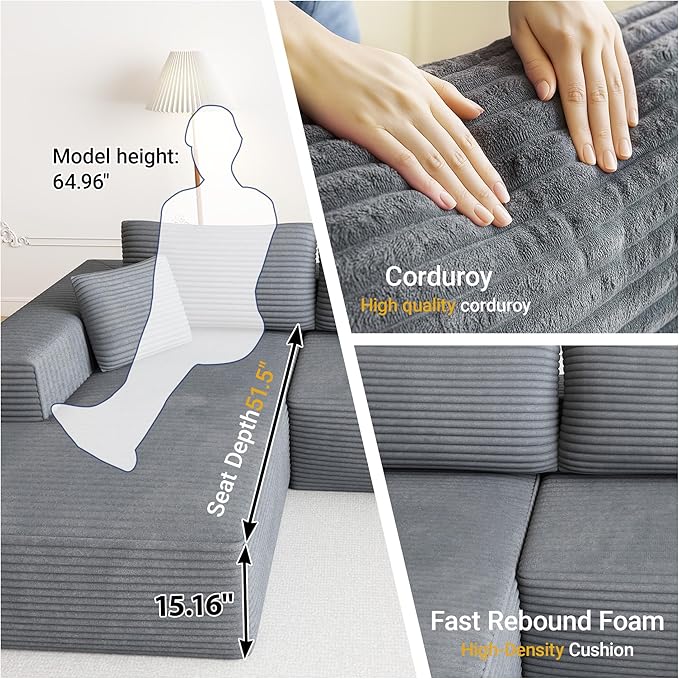 104 Cloud Sectional Couch with L-Shaped ChaiseModern Modular Sectional SofaCorduroy Boneless Couches for Living Room BedroomNo Assembly Required 3-Seater (Left Facing Chaise) Grey