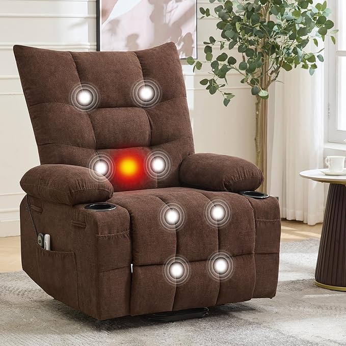 GarveeHome Power Lift Recliner Chair for Elderly with Massage and Heat Oversized Electric Massage &amp Heat Recliner with Soft Padded Upholstery Side Pocket &amp Cup Holders for Living Room Brown