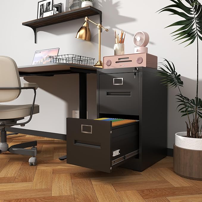 2 Drawer Metal File Cabinet with Lock Small Filing Cabinet Organizer for Home Office Under Desk Storage with Locking DrawersAssembly RequiredBlack