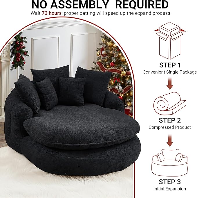 71 Oversized Round Chair Giant Bean Bag Couch Chairs for Adults Fluffy Chenille Boneless Couch Circle Bed with 5 Pillows Extra Deep Seat for Living Room Lounge No Assembly Required (Black)