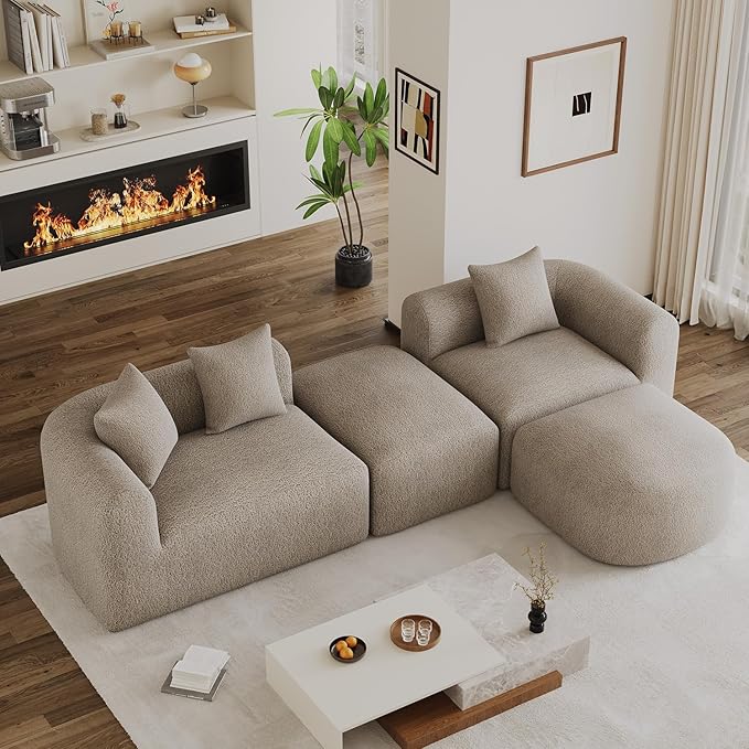 120 Curved Sectional Sofa Brown Cloud Couch Boneless Modular Sectional Couch for Living Room Oversized L Shaped Curved Couches Comfy Modern Sofa Plush Chenille with Ottoman Brown