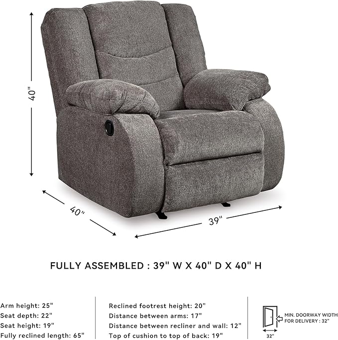 Signature Design by Ashley Tulen Contemporary Rocker Recliner Gentle Rocking Motion Pull Tab Reclining Fabric Upholstery 39 W x 40 D x 40 H Dark Gray