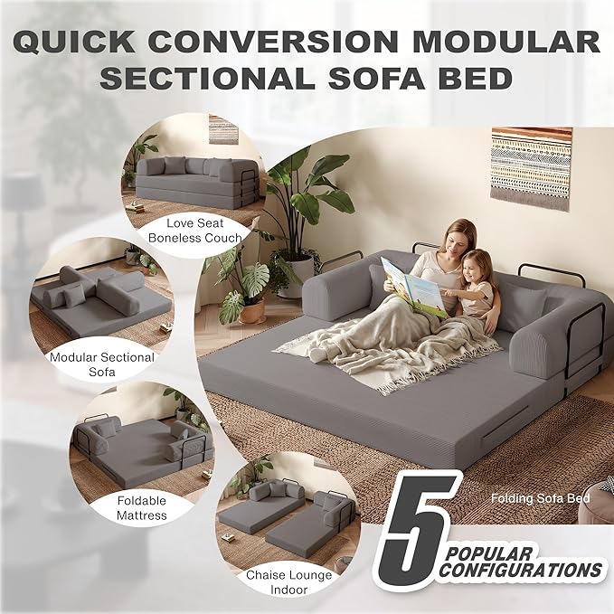 79'' Folding Sofa Bed 5-in-1 Convertible Sofa Bed Boneless Comfy Foldable Foam Couch with Pillow Modular Floor Couch for Living RoomBedroomLounge - Corduroy Grey