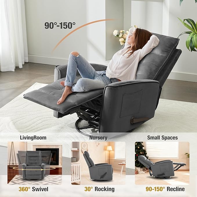 Swivel Rocker Recliner Chair Rocking Chair Small Swivel Recliner for Small Spaces Living Room RV(Dark Grey)