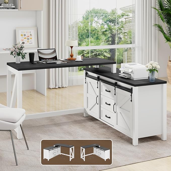 L Shaped Desk With Drawers Farmhouse Executive Wood Home Office With Power Outlet Rustic Reversible Computer With Storage Cabinet Double Sliding Barn Door and Adjustable Shelves