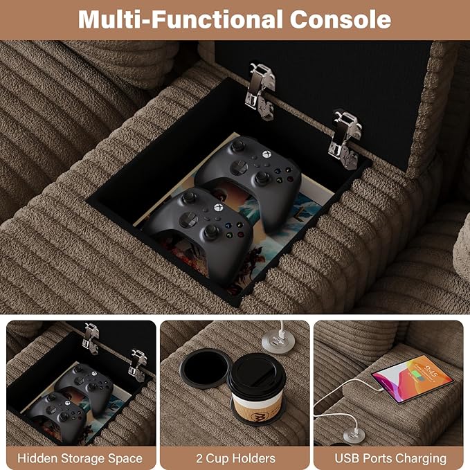Modular Sectional Sofa with USB Cup Holders Storage 143 U Shaped Cloud Couch Plush Corduroy Deep Seat Boneless Sofas with Double Chaise Lounge Sectional Couches Memory Foam for Living Room - Camel