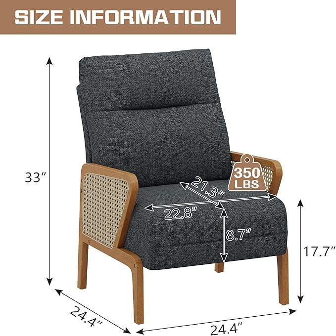 Alunaune Upholstered Living Room Chairs Accent Chair Armchair Natural Rattan Modern Slipper Club Chair Guest Reception Couch Comfy Single Sofa for Reading Bedroom-Dark Grey