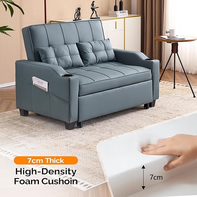 VINGLI Futon Sofa Bed Convertible Loveseat Sleeper Couch Blue Grey Faux Leather Pull Out Couch Bed with USB Ports Cup Holders Armrest for Living Room Bedroom Apartment Room