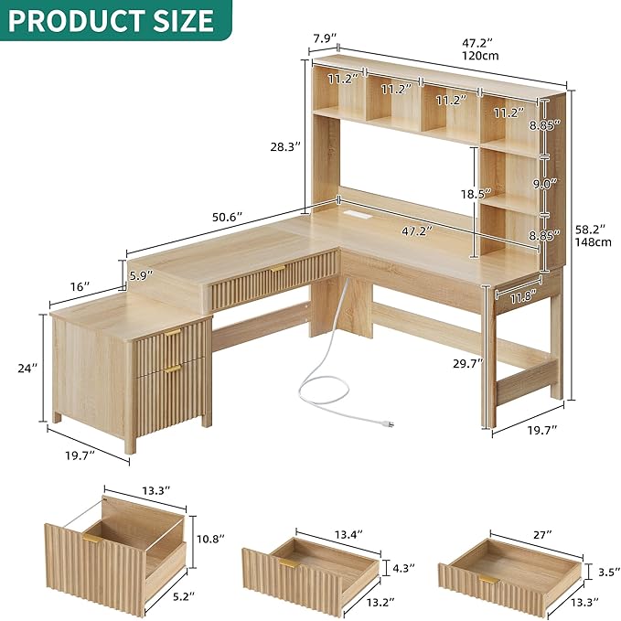 YITAHOME L Shaped Desk with Hutch and Drawers 67 Computer Desk Gaming Desk with Power Outlets &amp LED Lights Wood Home Office Desk with Printer Stand Fluted Sturdy Writing Workstation Natural O