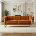 Luxury Velvet 3-Seater Sofa Mid-Century Modern Couch with Gold Metal Legs Waterfall Stitched Back Removable Cushions for Living Room Durable &amp Comfortable (Orange)