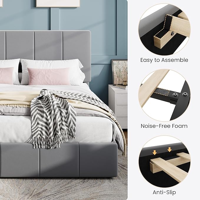 SHA CERLIN King Size Bed Frame Velvet Upholstered Platform Bed Vertical Channel Tufted Adjustable Headboard Low Profile Bed Frame No Box Spring Needed Easy Assembly Grey