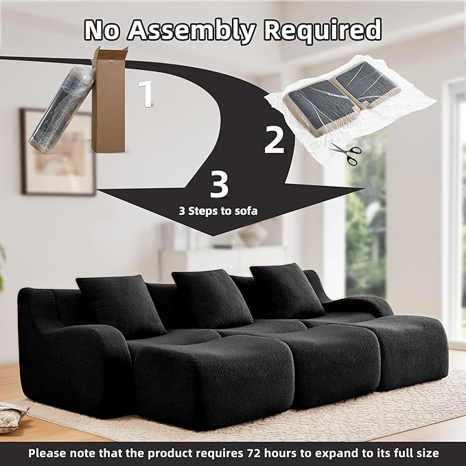 115.3 Inches Sectional Boneless Cloud Couch Super Soft Comfortable Curved Armrest Deep Seat Sofa with Pillow and Ottoman Sectional Couches for Living Room No Assembly Required