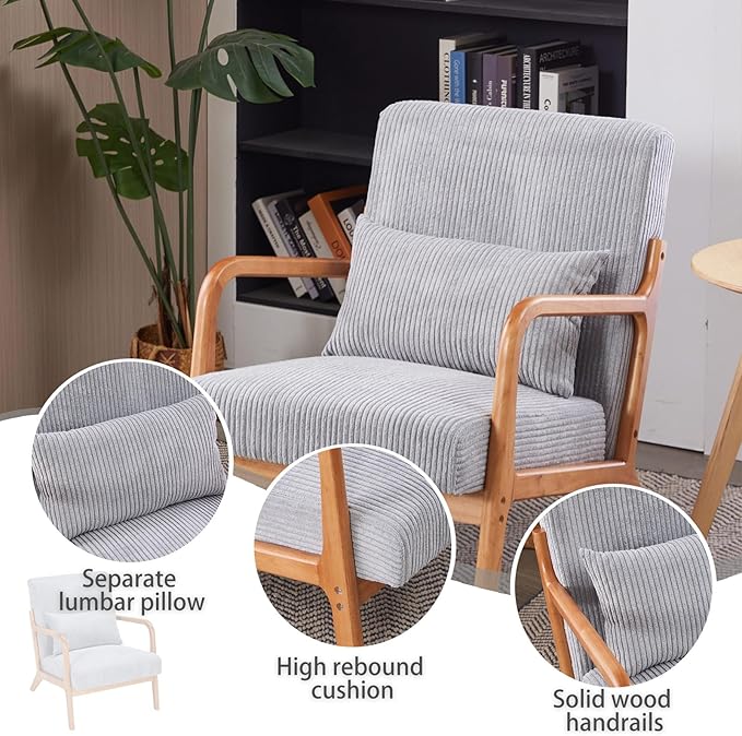 Mid Century Modern Accent Chair with Waist CushionComfy Upholstered Lounge Chair Ergonomic Reading Chair with Solid Rubberwood Frame for Living Room Bedroom (Light Grey)