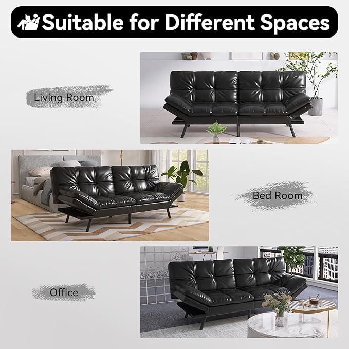 Vyfipt 71 Convertible Futon Sofa Bed3-in-1 Faux Leather Fabric Futon Couch with Memory Foam Modern Foldable Sleeper Loveseat for Small Spaces Living RoomOffice &amp ApartmentBlack