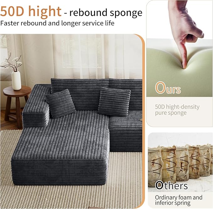 107 Modular Sectional Couches for Living Room Comfy L-Shaped Boneless Cloud Couch with Chaise Modern Deep Seat Corduroy Floor Sofa No Assembly Required (Left Facing Chaise Grey) | High-density sp