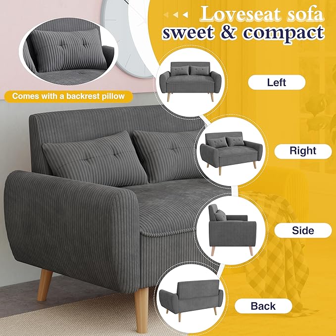 JAMFLY 47'' Small Loveseat Sofa 2 Seat Compact Couch with Tapered Legs Dark Grey Upholstered Furniture Solid Wood Frame Comfy Foam Cushion Easy Assembly for Small Spaces