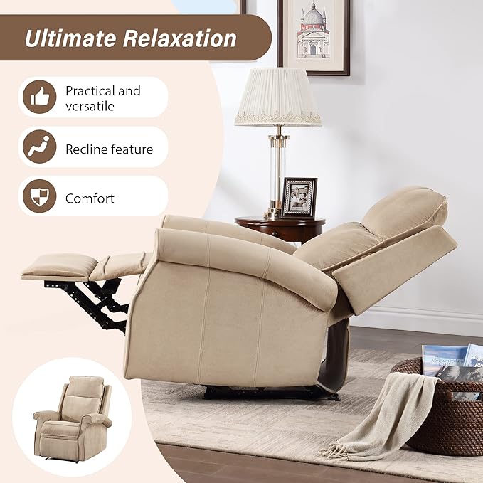 Oversize Modern Upholstered Lounge Single Sofa Manul Recliner Chair with Soft Durable Fabric and Overstuffed Armrests with Tall Neck Support for Living RoomHoney