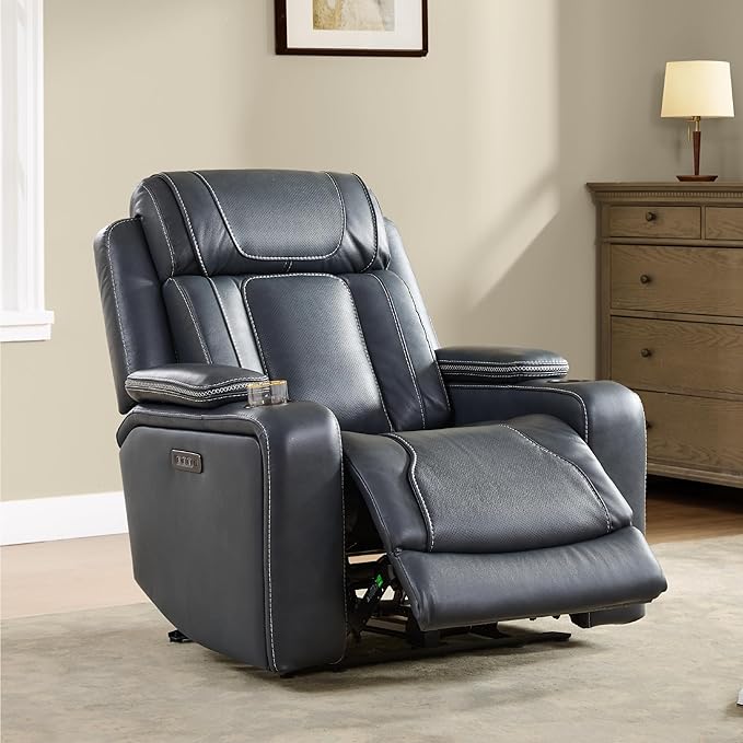 Watson &amp Whitely Super Zero Gravity Recliner Chair Oversized Genuine Leather Electric Recliner W Power Adjustable Headrest &amp Lumbar Support Hidden Storage for Living Room Navy Blue