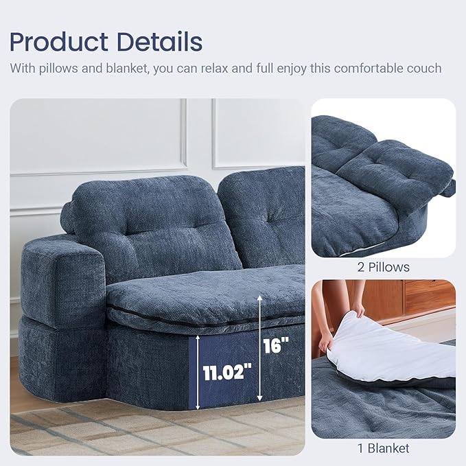 78.74 Convertible Sofa Bed Folding Loveseat Sleeper Sofa 2 in 1 Chenille Floor Couch Bed Foam Compressed Sofa with Pillows &amp Blanket for Living Room Apartment Studio Office (Dark Blue)
