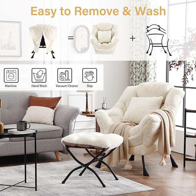 Lazy Chair with Ottoman Large Lvory Accent Chair with Ottoman and FA Throw Pillow Comfy Plush Reading Chair for Living Room Bedroom Dorm Room Office Apartment Relaxing Use