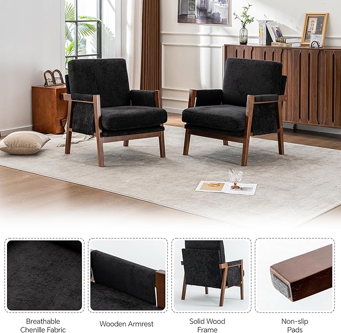 Mid Century Modern Accent Chair with Wood Frame Upholstered Living Room Chairs with Wide Armrest Chenille Fabric Comfy Arm Chair for Bedroom Reading Room Balcony (1 Black)