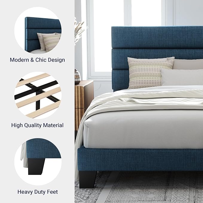 Allewie Queen Size Platform Bed Frame with Fabric Upholstered Headboard and Wooden Slats Support Fully Upholstered Mattress Foundation/No Box Spring Needed/Easy Assembly Navy Blue