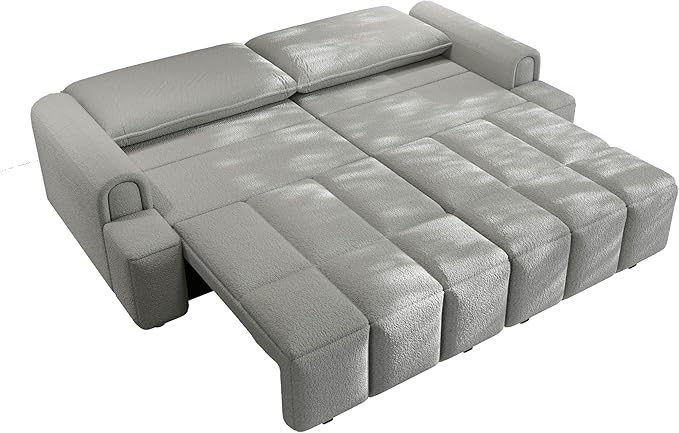 90.2 Futon Sofa Bed King 3-in-1 Teddy Convertible Sofa Upholstered Loveseat Couch with Pull Out Bed L Shape Couches Small Spaces Deep Seat Storage for Living Room Apartment Light Grey
