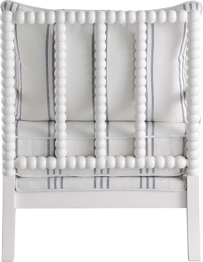 BOWERY HILL Fabric Upholstered Accent Chair 38 H x 29.5 W x 34 D Linen-Like White with Navy Stripes Spindle Frame Rubberwood Construction Padded Armrests Stationary Design for Living Room or