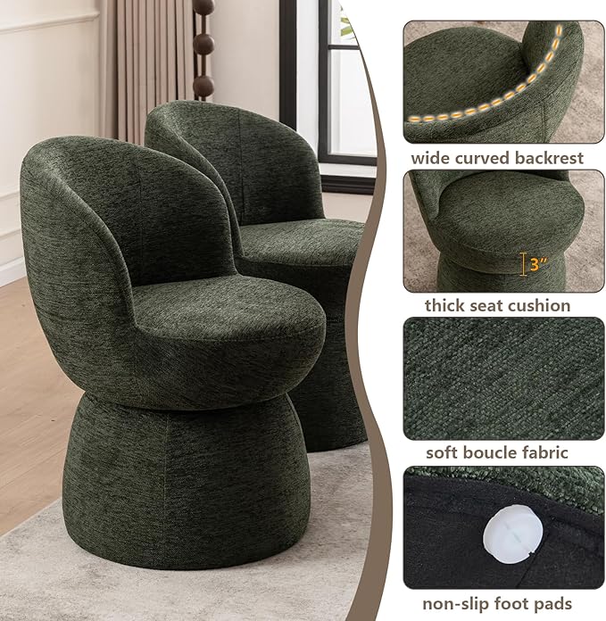 Rowill 360 Degree Swivel Accent Chair Set of 2 Modern Green Barrel Chairs Boucle Fabric Upholstered Comfy Chair for Living Room Bedroom Dining Room Reading Nook