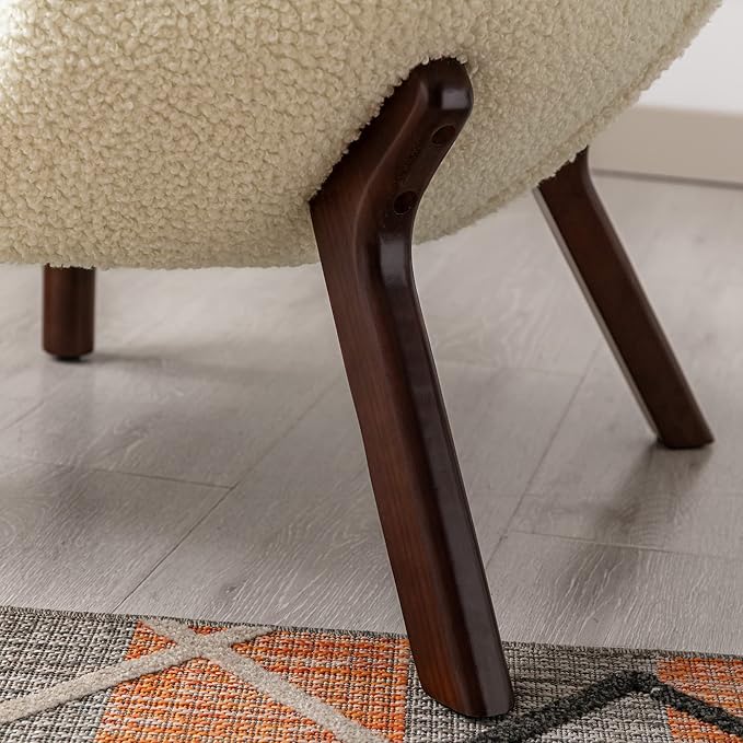 Modern Accent Chair Lambskin Wingback Tufted Side Chair with Solid Wood Legs for Living Room BedroomCream