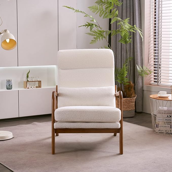 Karl home Accent Chair Mid-Century Modern Chair with Pillow High Back Teddy Fleece Upholstered Lounge Arm Chair with Solid Wood Frame &amp Soft Cushion for Living Room Bedroom Balcony White