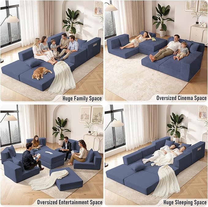 102 Upgraded L-shaped Modular Sectional Couches for Living Room Convertible Oversized Sleeper Sofa Bed-Luxury 1.5 Queen Bed. 11-in-1 Multifunctional Corduroy Boneless Folding Futon Couch Blue.