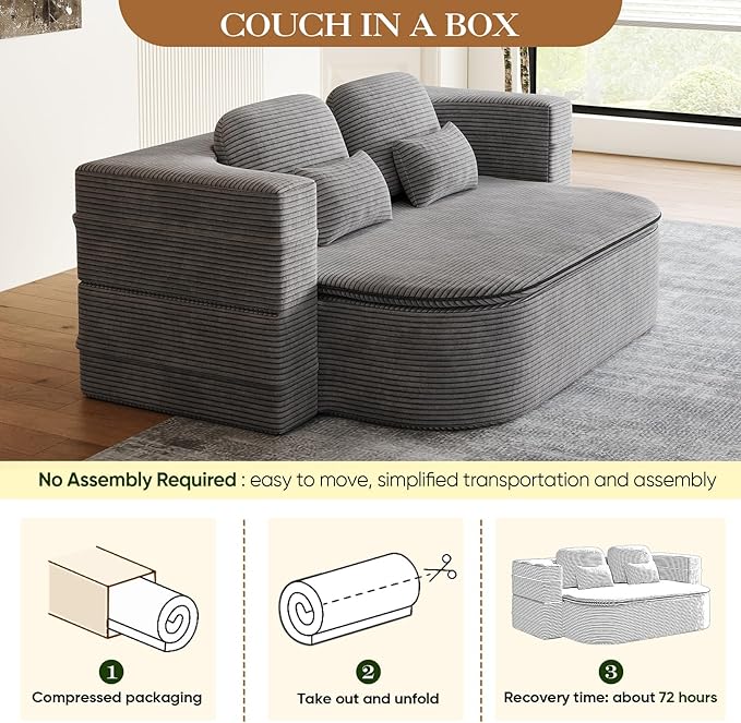 Antetek Convertible Sleeper Sofa Modern Folding Futon Corduroy Floor Foam Compression Loveseat Sofa Bed Couch Foldable Full Size Guest Bed with 4 Pillows for Living Room Bedroom Apartment Grey