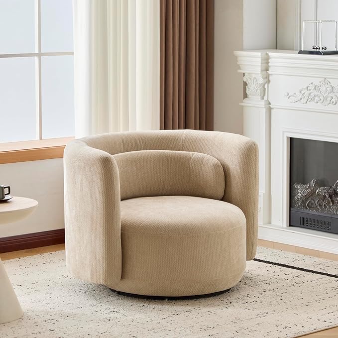 Christopher Knight Home Tanzy 360-Degree Swivel Barrel Chair Upholstered Lounge Chair Indoor Comfy Armchair with Lumbar Pillow for Living Room Thick Cushion Metal Base and Wood Frame Khaki