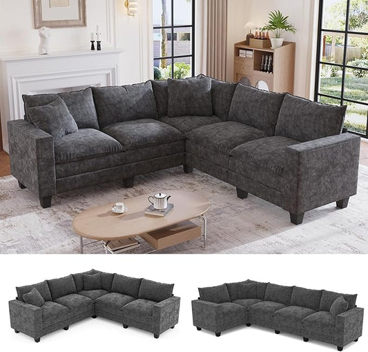 97 L Shaped Sectional Couch Comfy Chenille Cloud Couch 5 Seat Modular Cloud Sofa with 2 Pillows &amp Storage Armrests Convertible V Shaped Corner Couch Sectional Couches for Living Room Grey