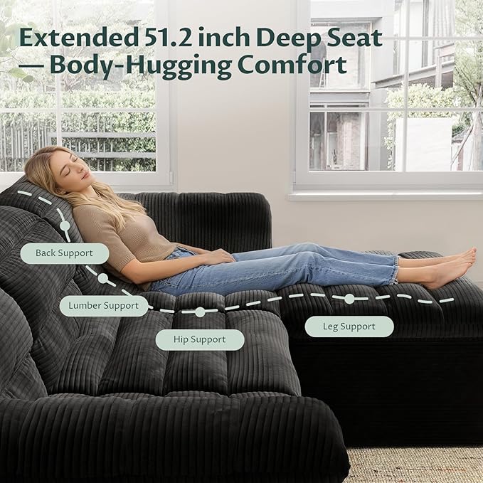 112 Modular Cloud Sectional Couch with Ottoman Modern Upholstered Compressed Sofa with Deep Seat Comfy L-Shape Corduroy Couches for Living Room No Assembly Required Black