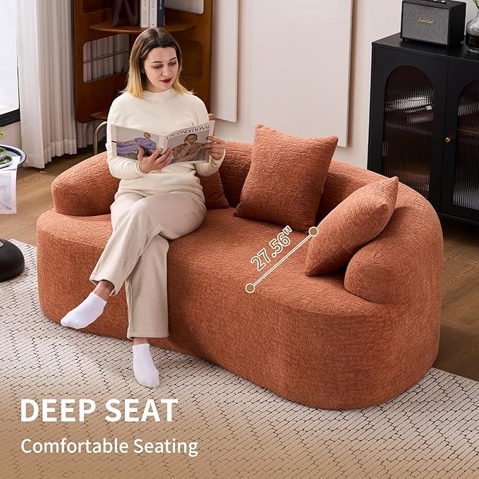 65 Curved LoveseatDeep Seat Cloud Floor Couch with 3 BackrestCozy Chenille FabricSmall Loveseat for Small SpacesBedroomOfficeApartment (Coral 65 Inch)