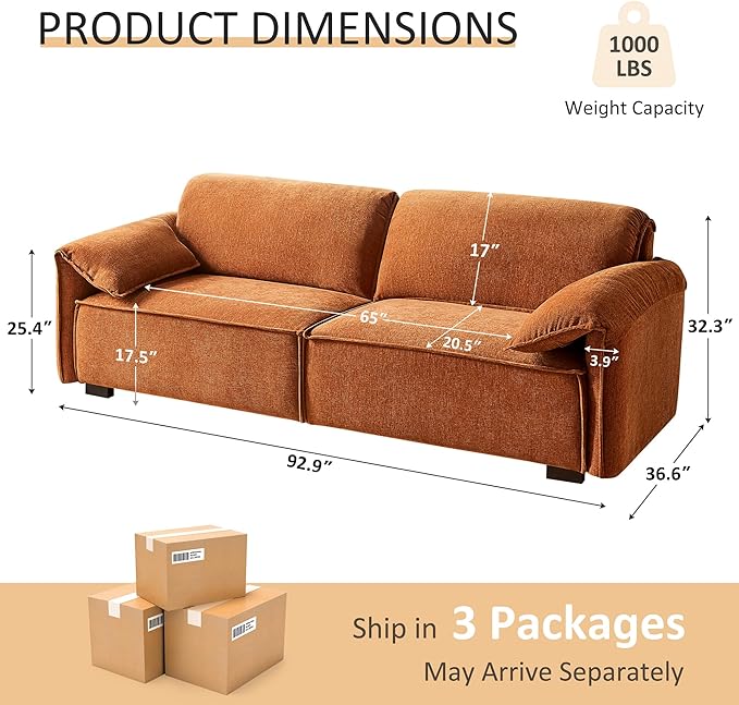 VANOMi 92.9 Sofa Couch for Living Room Modern Comfy 3-Seater Cloud Sofas Chenille Small Couches for Small Spaces Upholstered Deep Seat Couch for Bedroom Apartment (Curry)