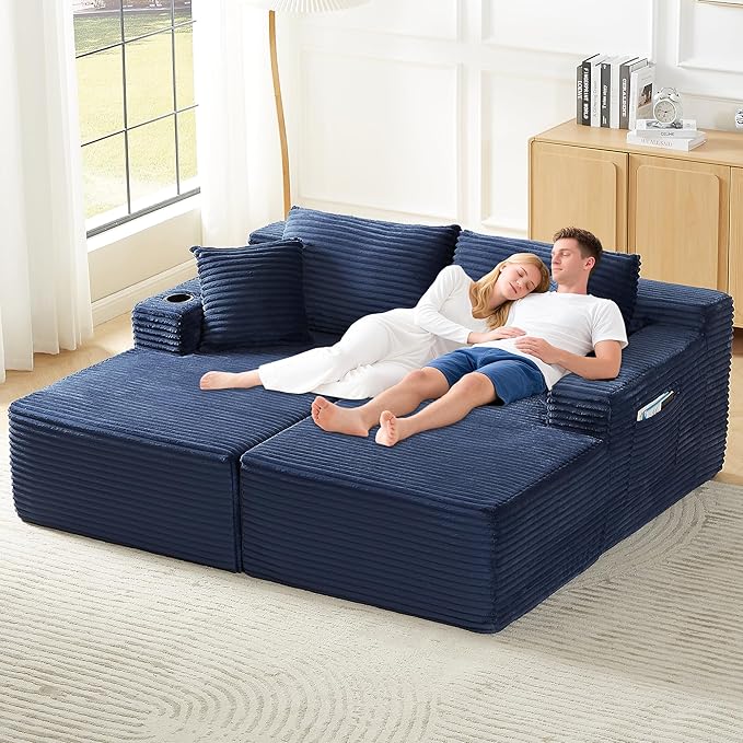 KIVENJAJA 133.5 Oversized U Shaped Sectional Cloud Couch Corduroy Modular Sectional Sofa with Cup Holders &amp Side Pockets Modern Deep Seat Boneless Couches for Living Room Apartment Blue