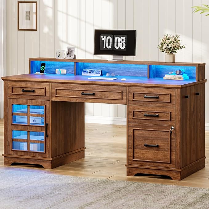 60'' Farmhouse Executive Desk with Drawers Home Office Desk with Power Outlet &amp LED Light Wood Computer Desk with Monitor Stand Locking File Drawer Glass Storage Cabinet Hooks