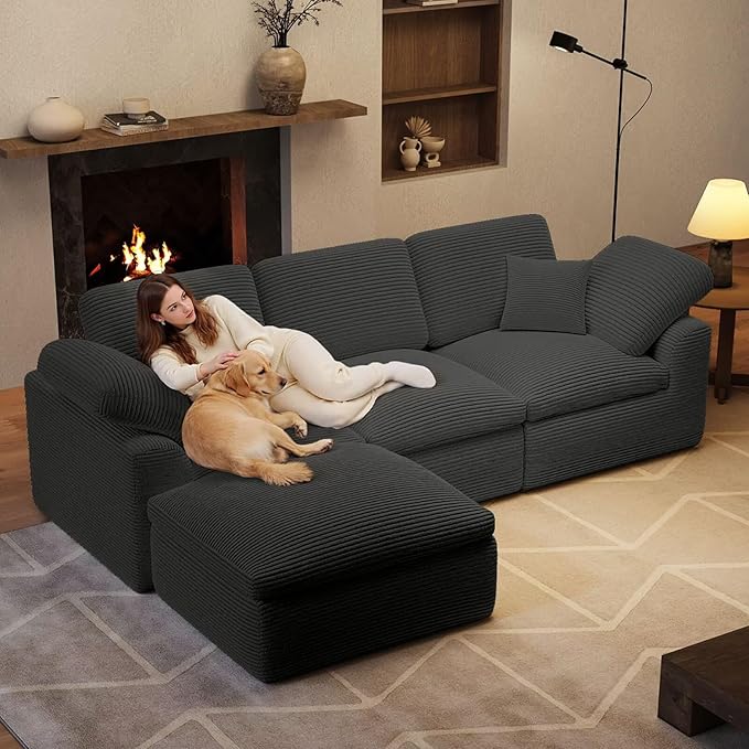 Cloud Sectional Couches for Living Room 4 Seater Cloud Modular Couch L Shaped Corduroy Sectional Sofas with Ottoman Boneless Comfy Sofa for Apartment No-Assembly Grey
